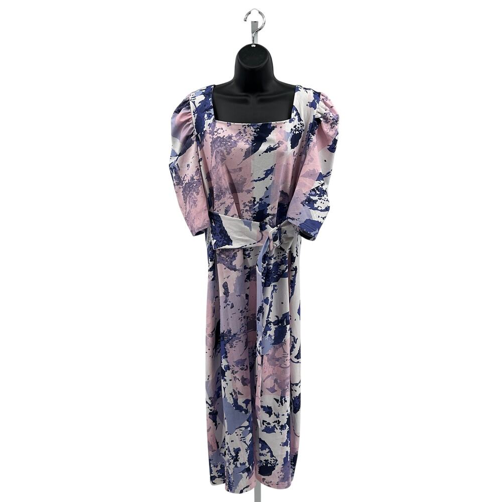 Shein Curve Midi Dress Womens 2XL Pink Blue Abstract Print Puff Sleeve Belted